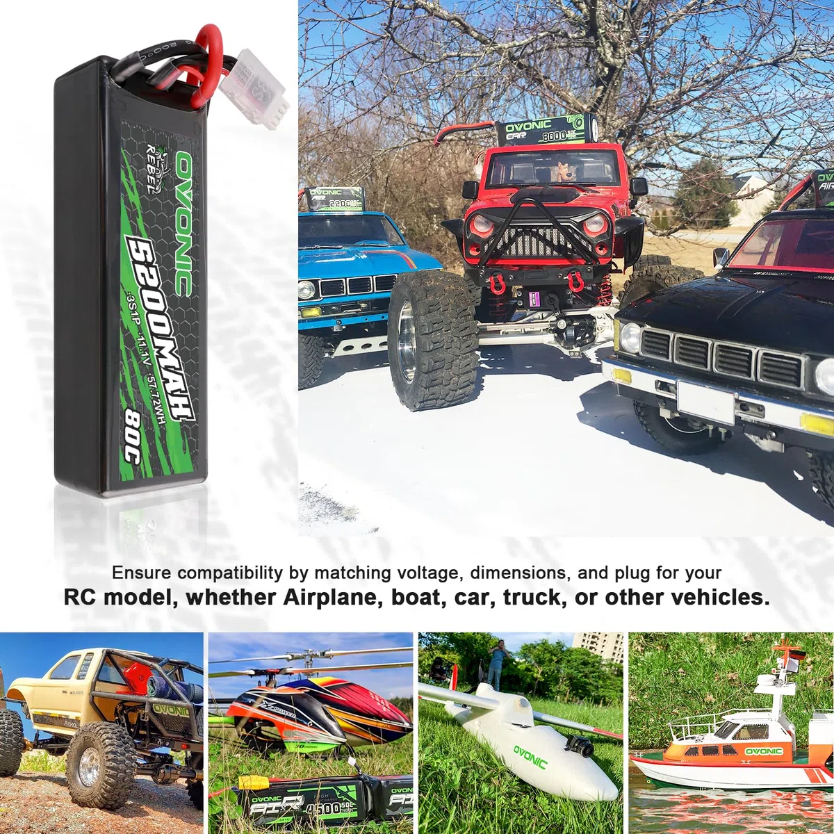 OVONIC Batterie Lipo RC 3S 80C 5200 mAh 11,1 V avec connecteur EC5 rigide pour voiture RC Monster Truck RC Truggy Buggy RC Truck Hobby (2 pièces)