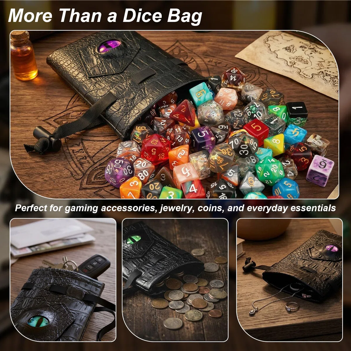 Haxtec Sac à dés dragon en cuir synthétique avec œil de dragon 3D, petit sac à cordon de serrage pour donjons et dragons, cadeau D&D pour les amateurs de dragons, brevet D893867