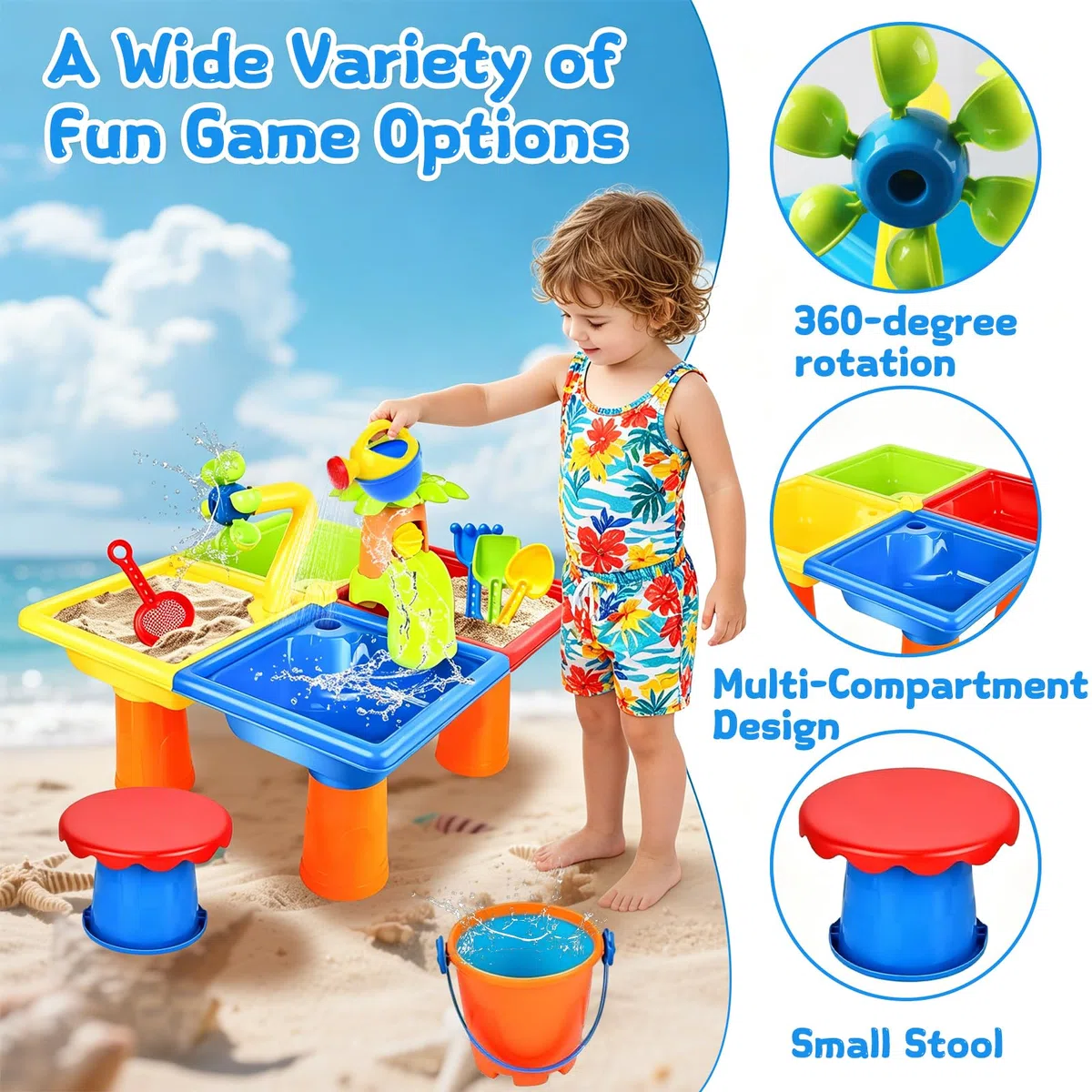 Table à Eau de Sable 4 en 1, 25 Pièces Table d'eau pour Enfants, Table de Plage pour Enfants, Table d‘Activités Sensorielle Enfant, pour Jeu Sensoriel, Plage Jardin Piscine, Garçons Filles 3 à 8 Ans