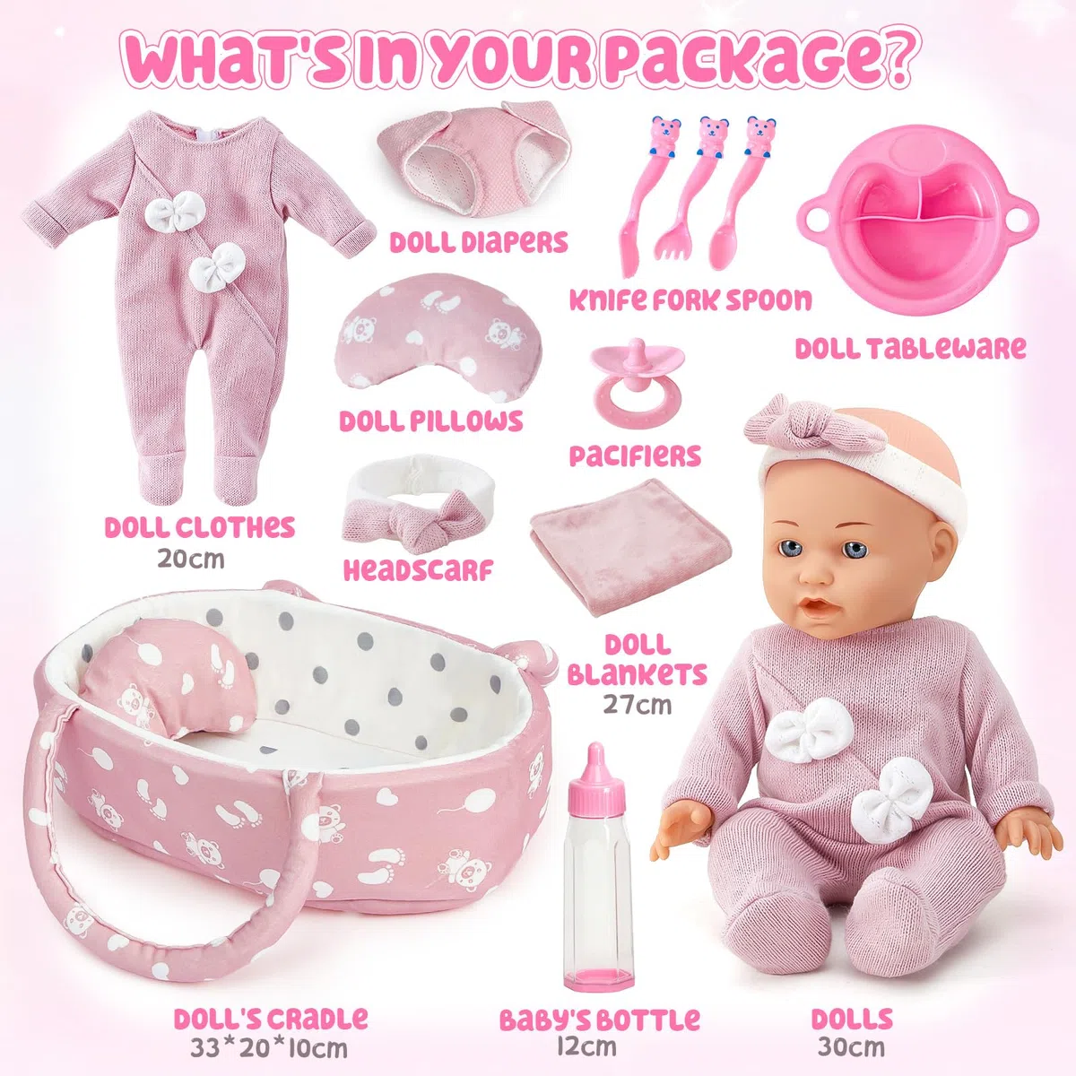 vamei Accessoire Poupon pour Poupon Bébé, Lit Portable pour Poupée avec Vêtements de Poupée & Couches pour Poupee Bébé & Sac à Langer & Biberon & Tétine, Cadeau pour Fille 2 3 4 5 an