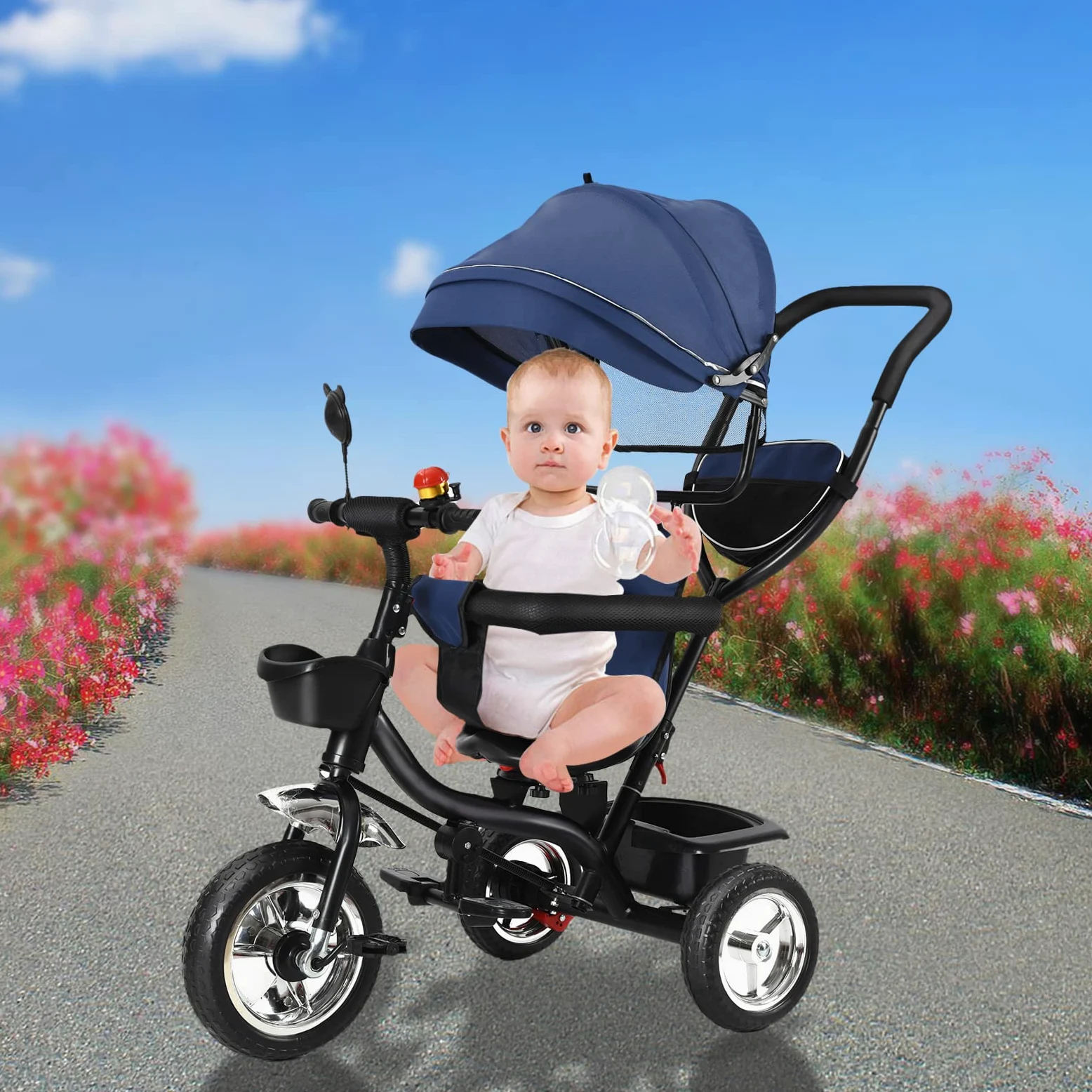 Tricycle Enfants évolutif Canne et Pare-Soleil Pliable Amovible Sacoche et Panier Acier Tricycle Enfant Évolutif, Vélo, Accessoires, jusqu'à 5 Ans (4 en 1 (Bleu Foncé))