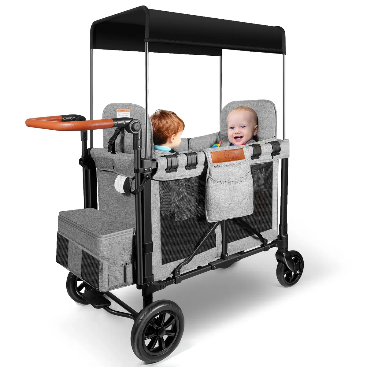 Chariot de poussette pliable pour 2 enfants, avec 2 sièges hauts avec harnais à 5 points et auvent réglable, parfait pour le jardin, le camping, le chariot d'épicerie