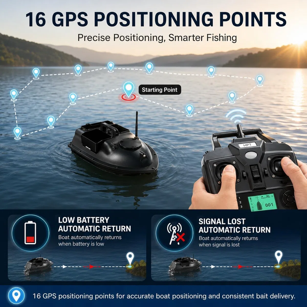 Bateau d'appât GPS pour carpe avec détecteur de poissons, bateau d'alimentation RC à double moteur, télécommande de 500 m et 16 points de mémoire