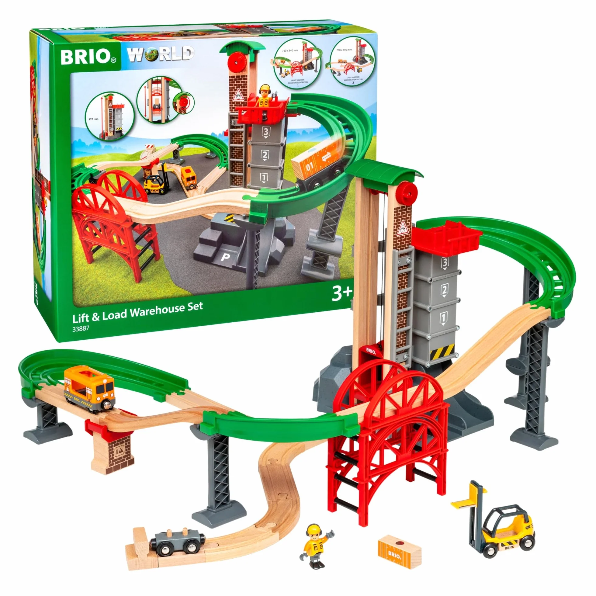 Brio World - 33887 - Grand Circuit Plateforme Multimodale - Coffret Complet de 32 pièces avec Ascenseur à véhicule - Circuit de Train en Bois - Jouet Mixte dès 3 Ans
