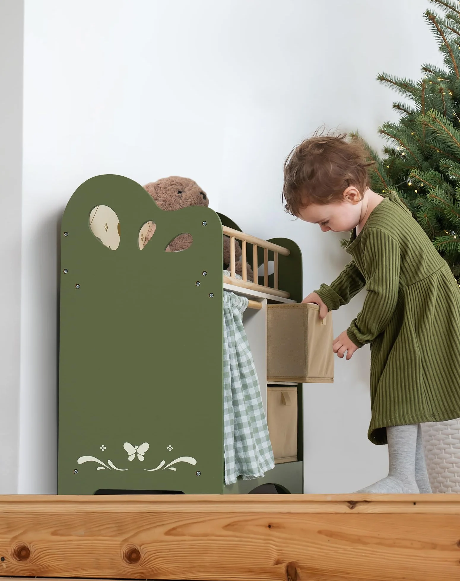 ROBOTIME lit en bois pour enfants et bébé, armoire de rangement et linge de poupée, adapté aux poupées jusqu'à 55 cm, dès 3 ans (vert)