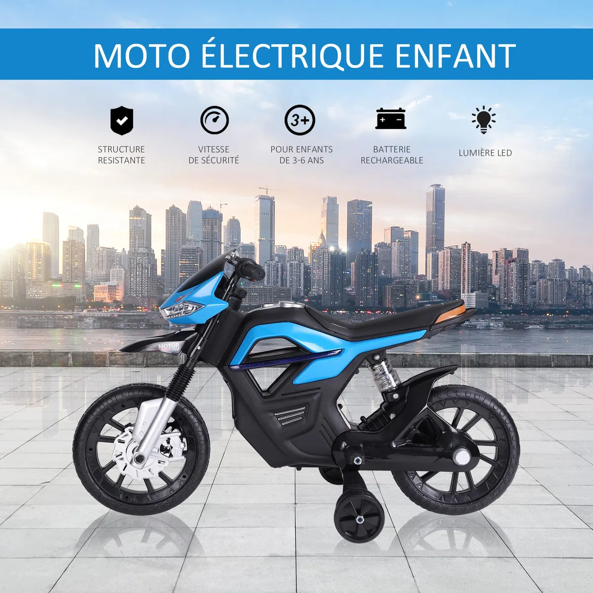 HOMCOM Moto Électrique pour Enfants 3-6 Ans 25 W 6 V 3 Km/h Bleu | Effets Lumineux, Effets Sonores, Roulettes Amovibles, Charge max. 30 kg