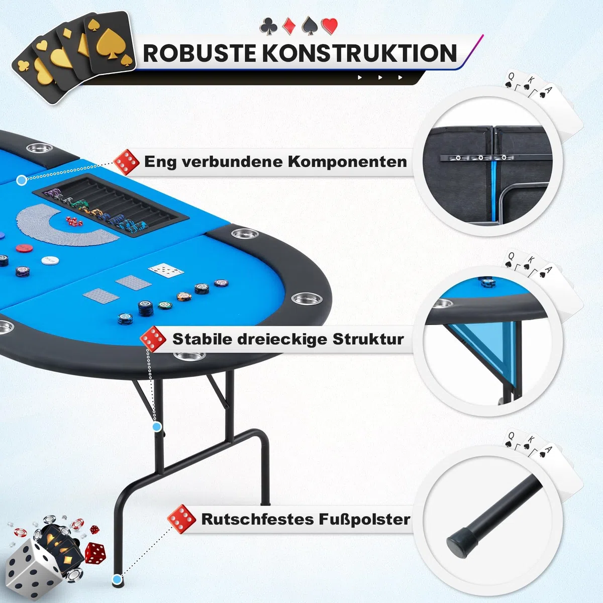 AVAWING Table de poker pliable pour 9 joueurs, table de jeu avec porte-gobelet en acier inoxydable, table de poker