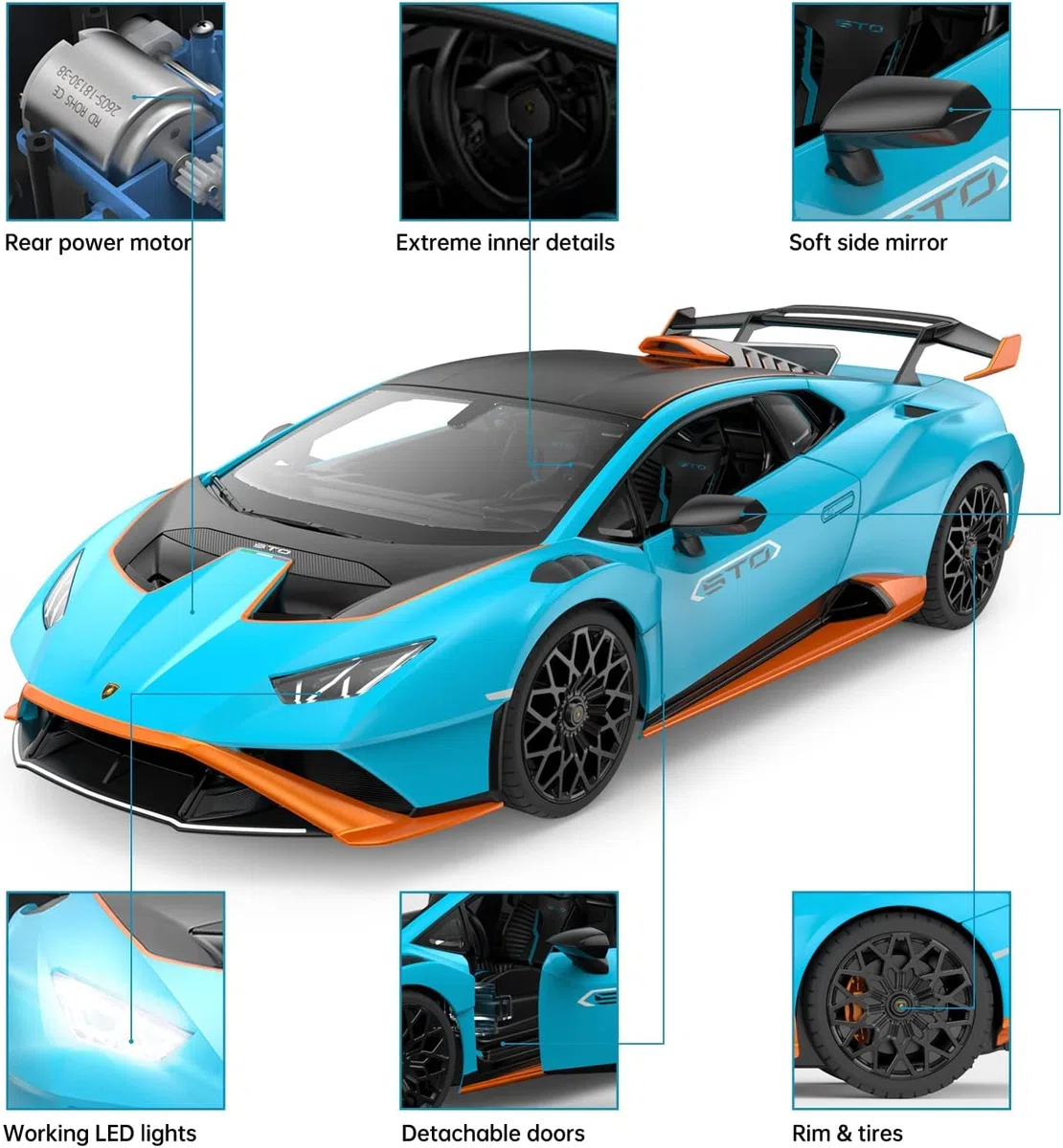 Voiture radiocommandée Lamborghini Huracán STO bleu : échelle 1:14 véhicule jouet haute performance