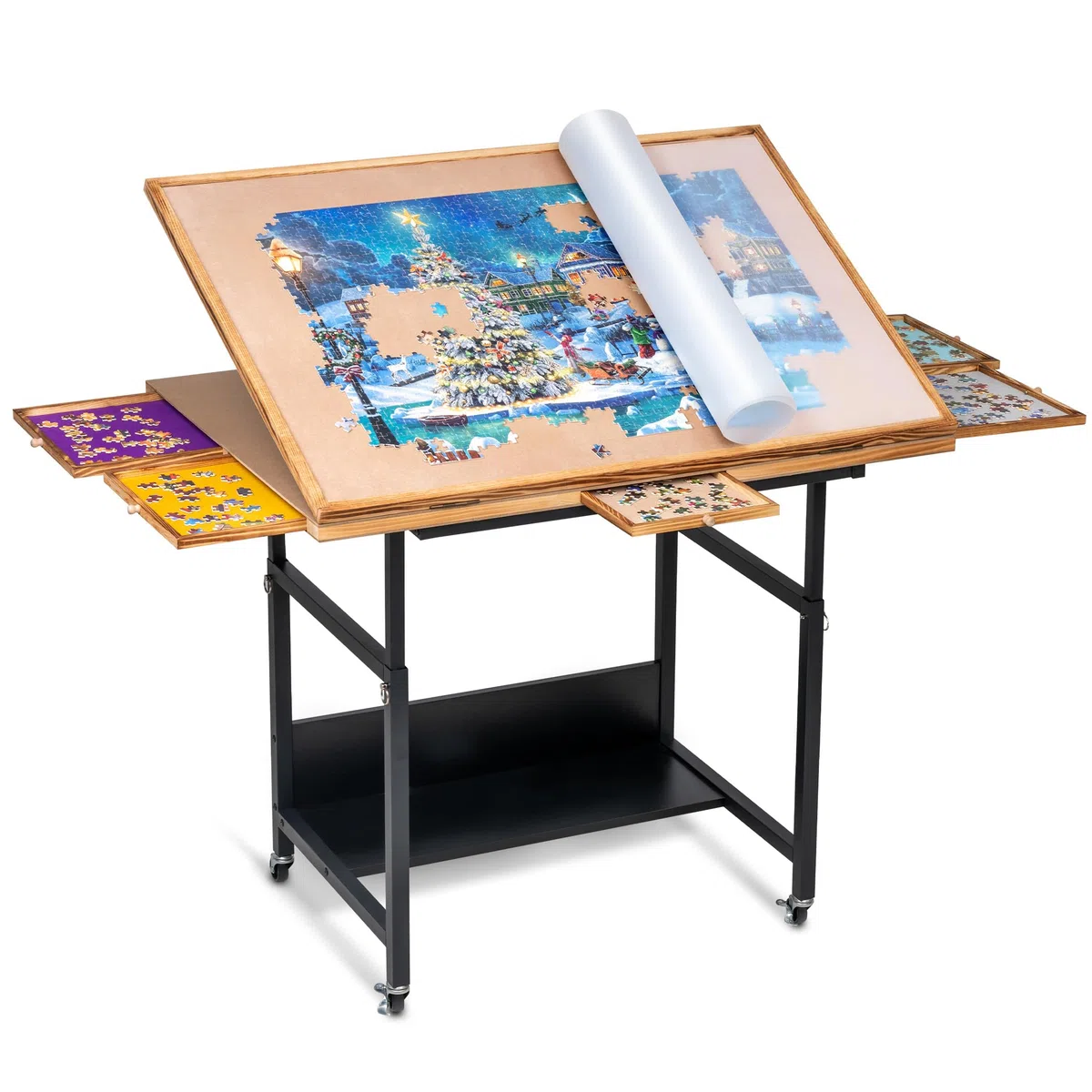 Becko US Table de puzzle avec tiroirs et couvercle, chevalet inclinable avec hauteur réglable jusqu'à 1500 pièces, fermée avec 4 roues