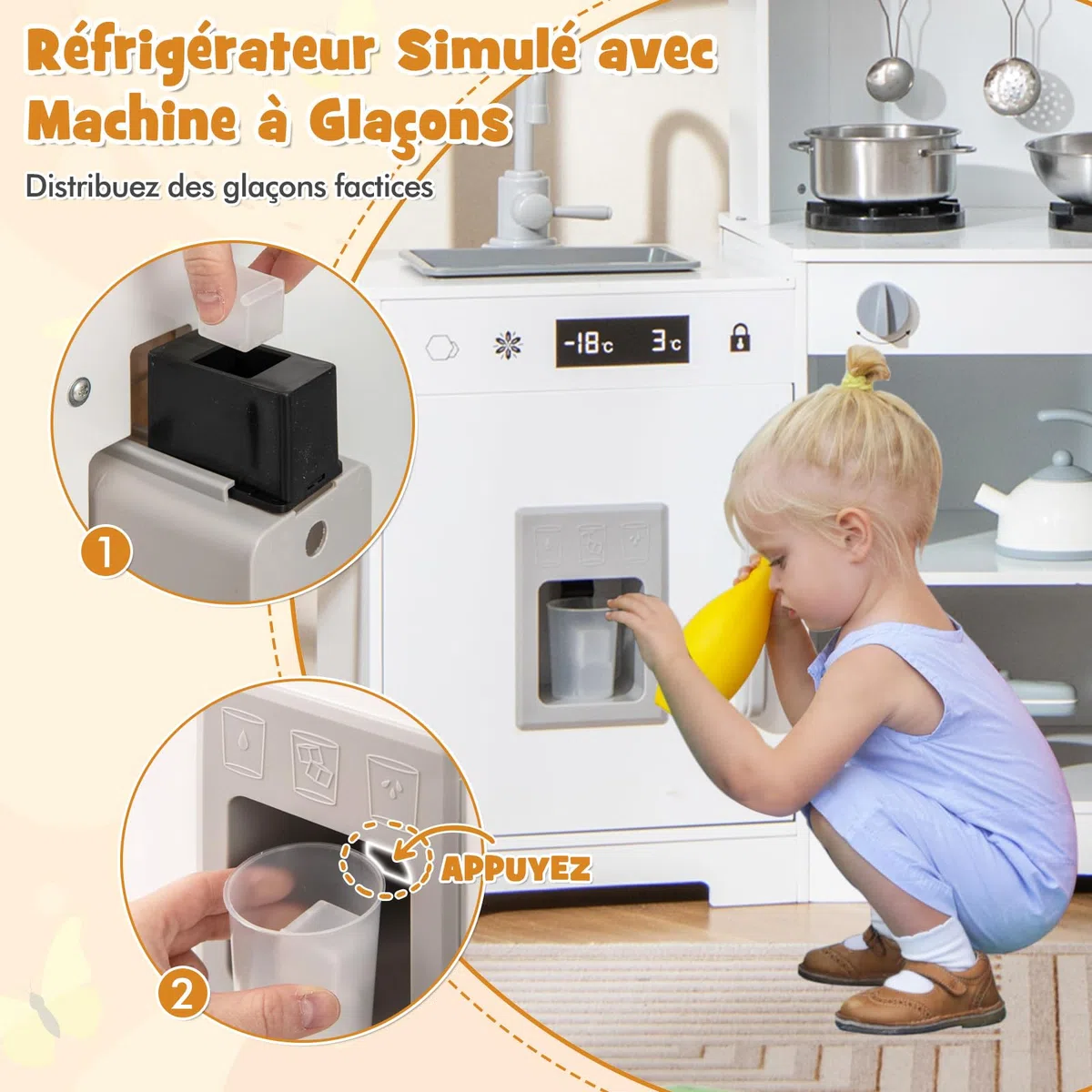 DREAMADE Cuisine d'angle pour Enfants 3+ Ans, Cuisine en Bois avec Sons & Lumières, Téléphone, Micro-Ondes, Cafetière, Machine à Glaçons & Four, Cuisine de Jeu en Bois avec Accessoires (Blanc)