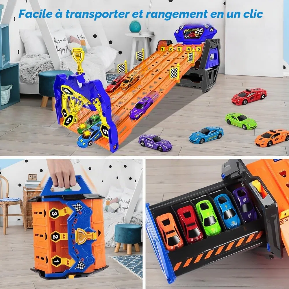 VATOS Camion de Transport Amélioré sur 5 Voies, Jouets Voitures pour Garçons Âgés de 3 4 5 6 7 8, Camion de Course Portable Jouet avec 5 Voitures, Ensemble de Camions Porte-Conteneurs pour Enfants