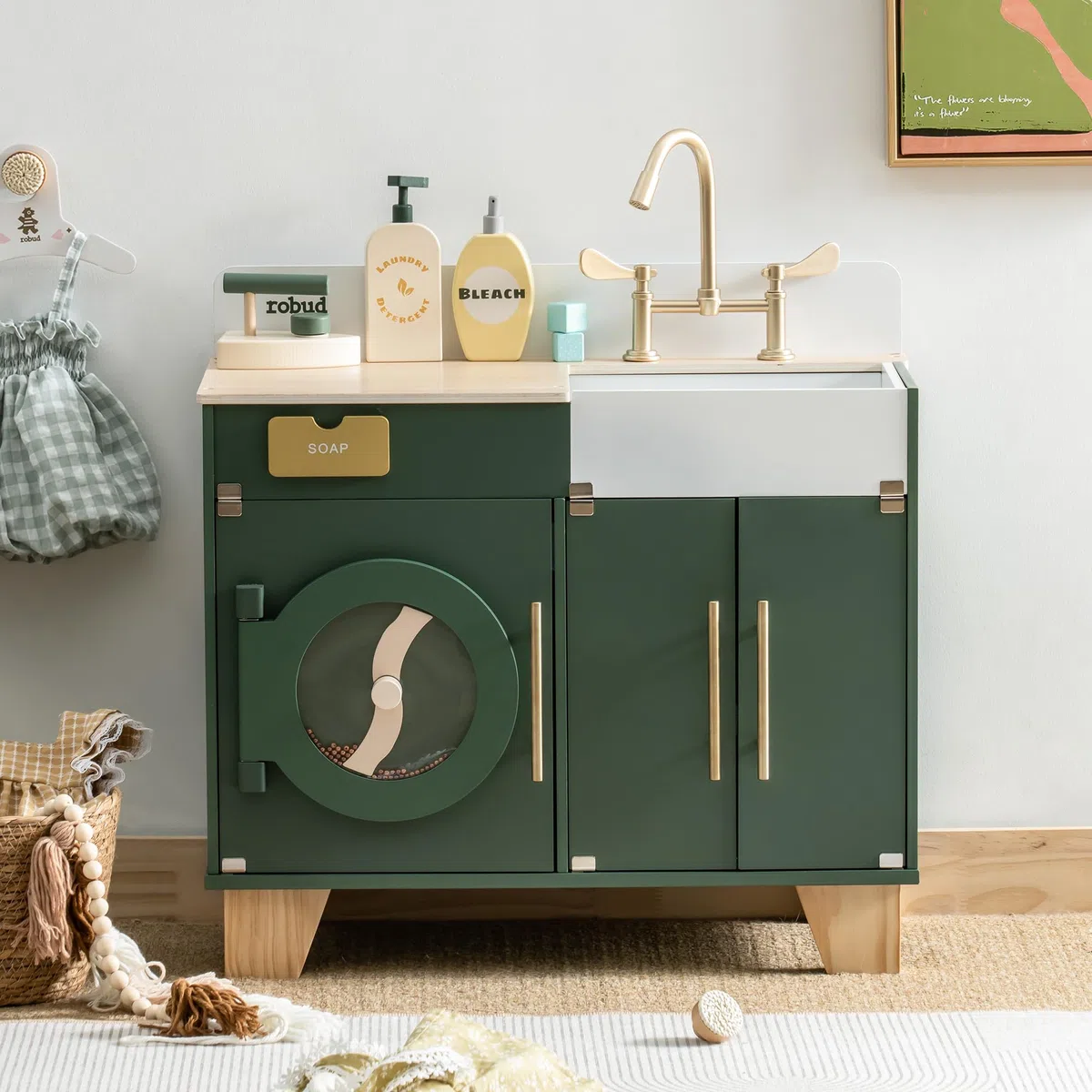 Robud Cuisine Enfant en Bois Accessoires - Machine a Laver Enfant Jouet - De Cuisine pour Enfants - Jeu De Rôle en Bois - avec Accessoires - Cadeau pour Enfants