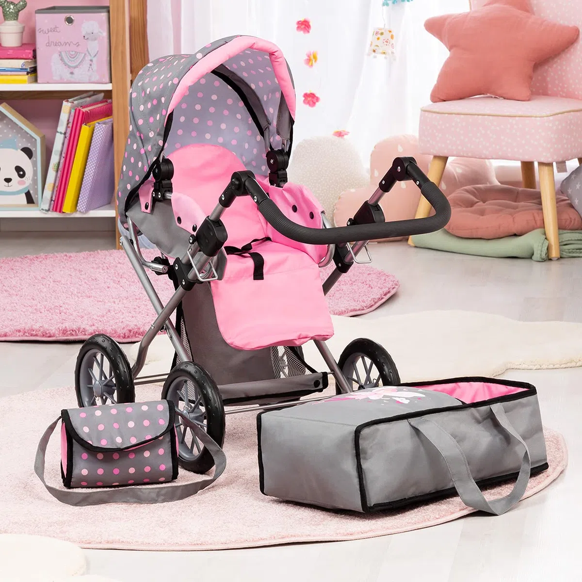 Bayer Design Poussette Landau pour poupée City Star avec Sac à bandoulière | transformable en poussette canne pour poupées, nacelle amovible, poignée réglable, pliable, pour les enfants 3+ ans