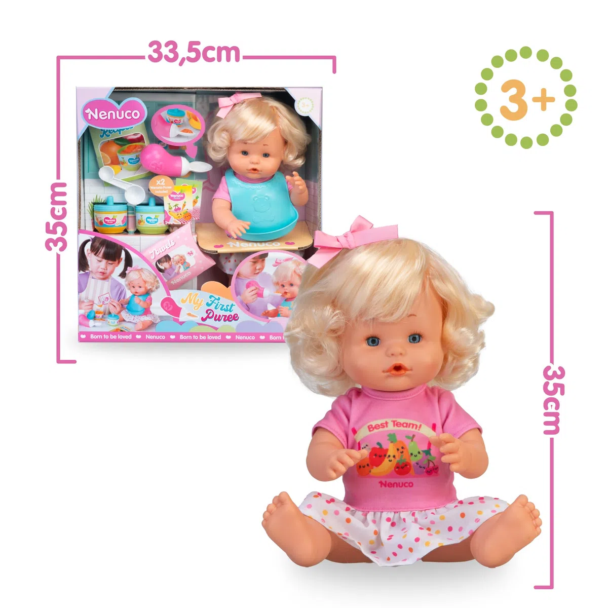 Nenuco Première Bouillie, poupée 35 cm, Corps Rigide et Cheveux blonds, avec Accessoires pour préparer la première Bouillie, pour Les Filles à partir de 3 Ans, célèbre (NFN96000)