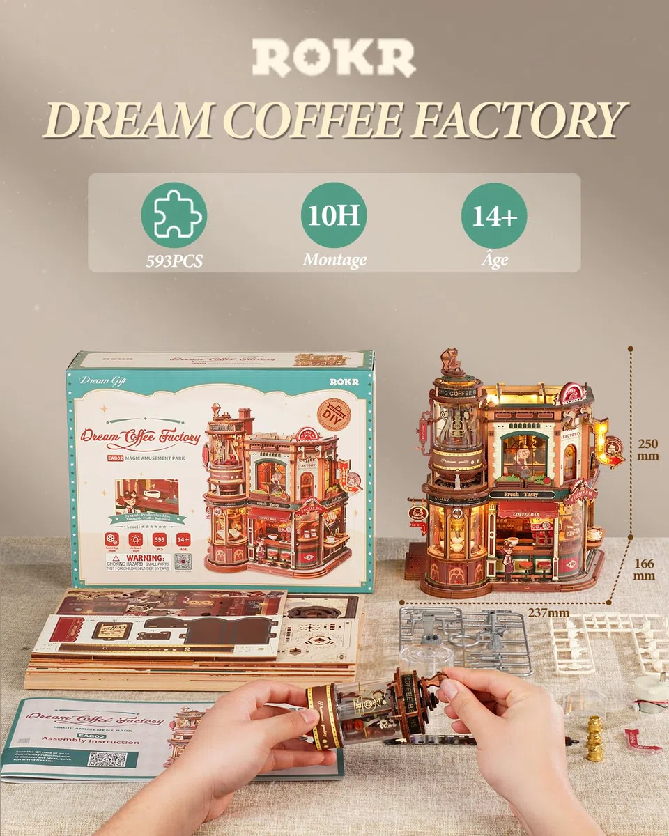 ROKR Puzzle 3D Bois Café du Coin,Maquette en Bois a Construire Boîte à Musique,Cadeaux DIY Faits À La Main pour Adultes Dream Coffee Factory,EAB02