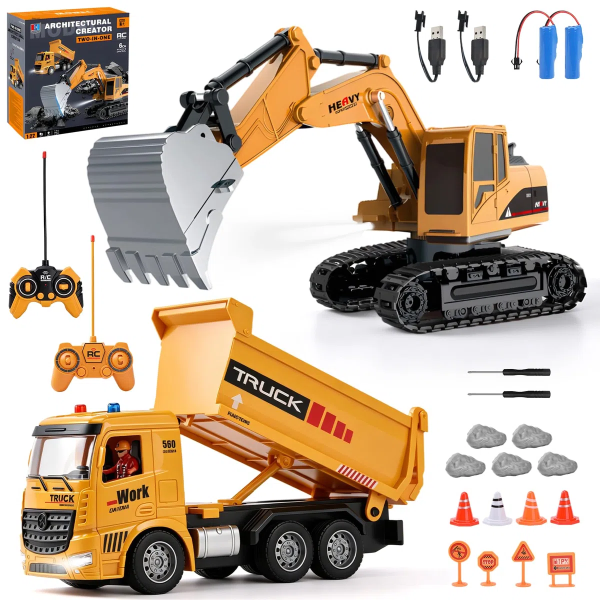 Camion-Benne Télécommandé,Véhicule de Construction RC avec Pelleteuse TélécommandéJouet Construction avec Lumières et Sons,Cadeau de Noël et d'anniversaire pour Garçon de 3 4 5 6 7 8 Ans (A)