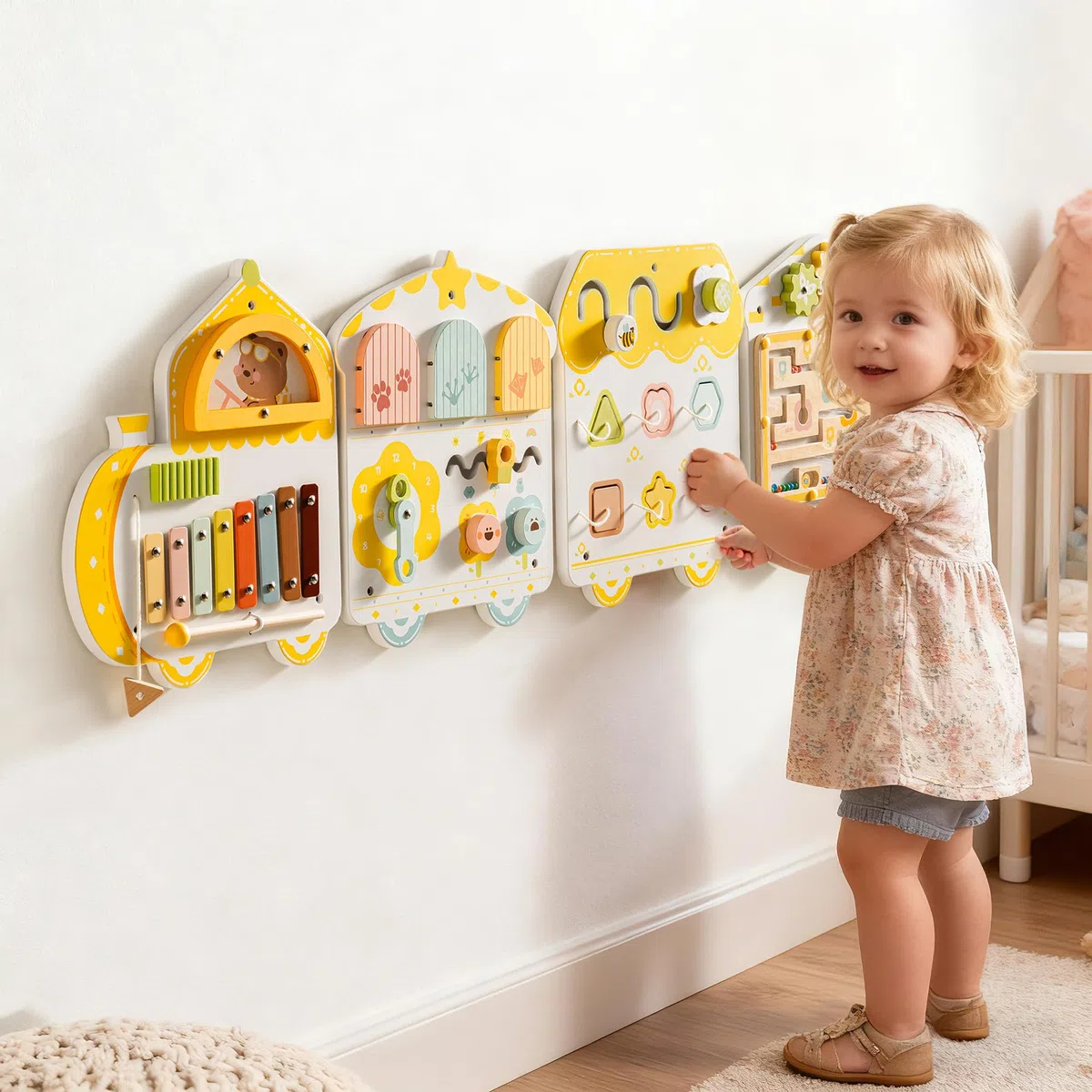 ROBUD Montessori Busy Board à partir de 18 Mois – Tableau d'activités Mural 12 en 1 en Bois avec Xylophone, Tambour, Tableau météo, Horloge, Formes, Engrenages et Labyrinthe magnétique