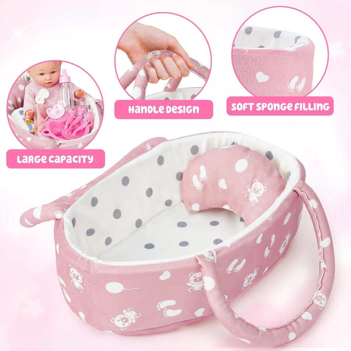 vamei Accessoire Poupon pour Poupon Bébé, Lit Portable pour Poupée avec Vêtements de Poupée & Couches pour Poupee Bébé & Sac à Langer & Biberon & Tétine, Cadeau pour Fille 2 3 4 5 an