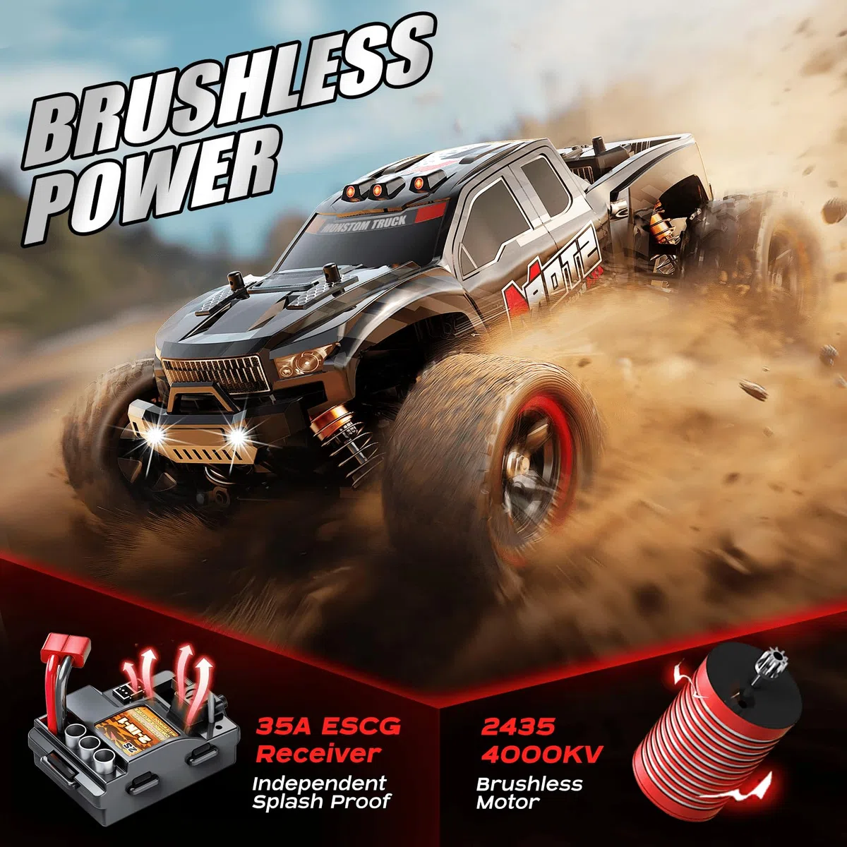 Voiture télécommandée 1:18 Brushless 4x4 pour Adulte & garçon, Voiture RC Tout Terrain à Transmission métal, 52 km/h, avec 2 Batteries 1500mAh et kit de pièces de Rechange