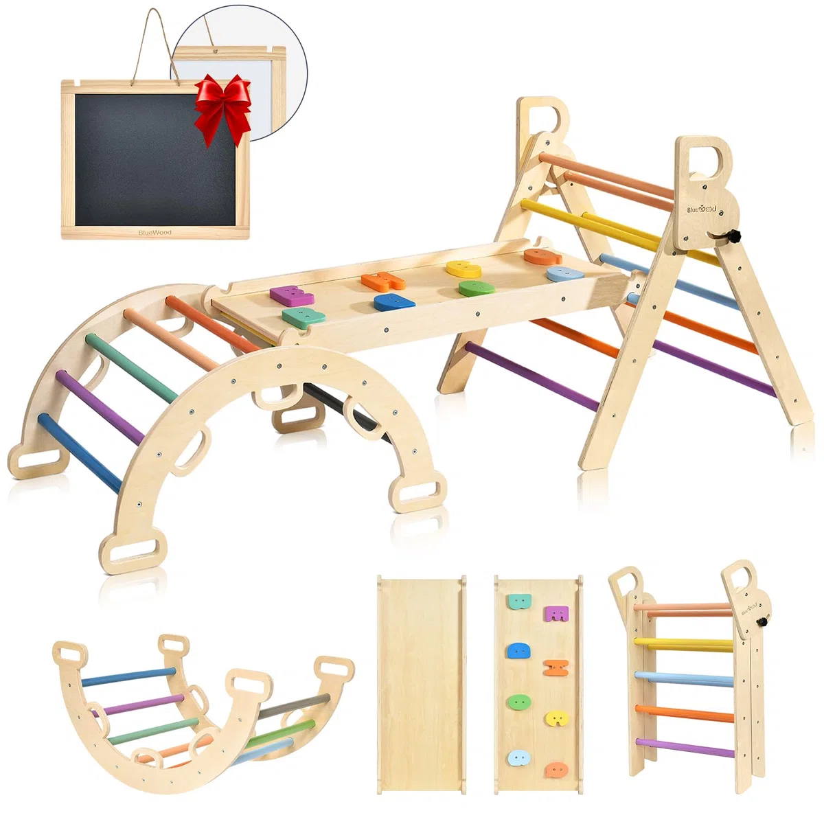 BlueWood 7 en 1 Triangle d'escalade Montessori Enfants, Arc d'escalade Montessori en Bois Hêtre avec Toboggan & Échelle, Charge 50KG, pour Tout-Petits Bébé 1 Ans+(Arc-en-Ciel)