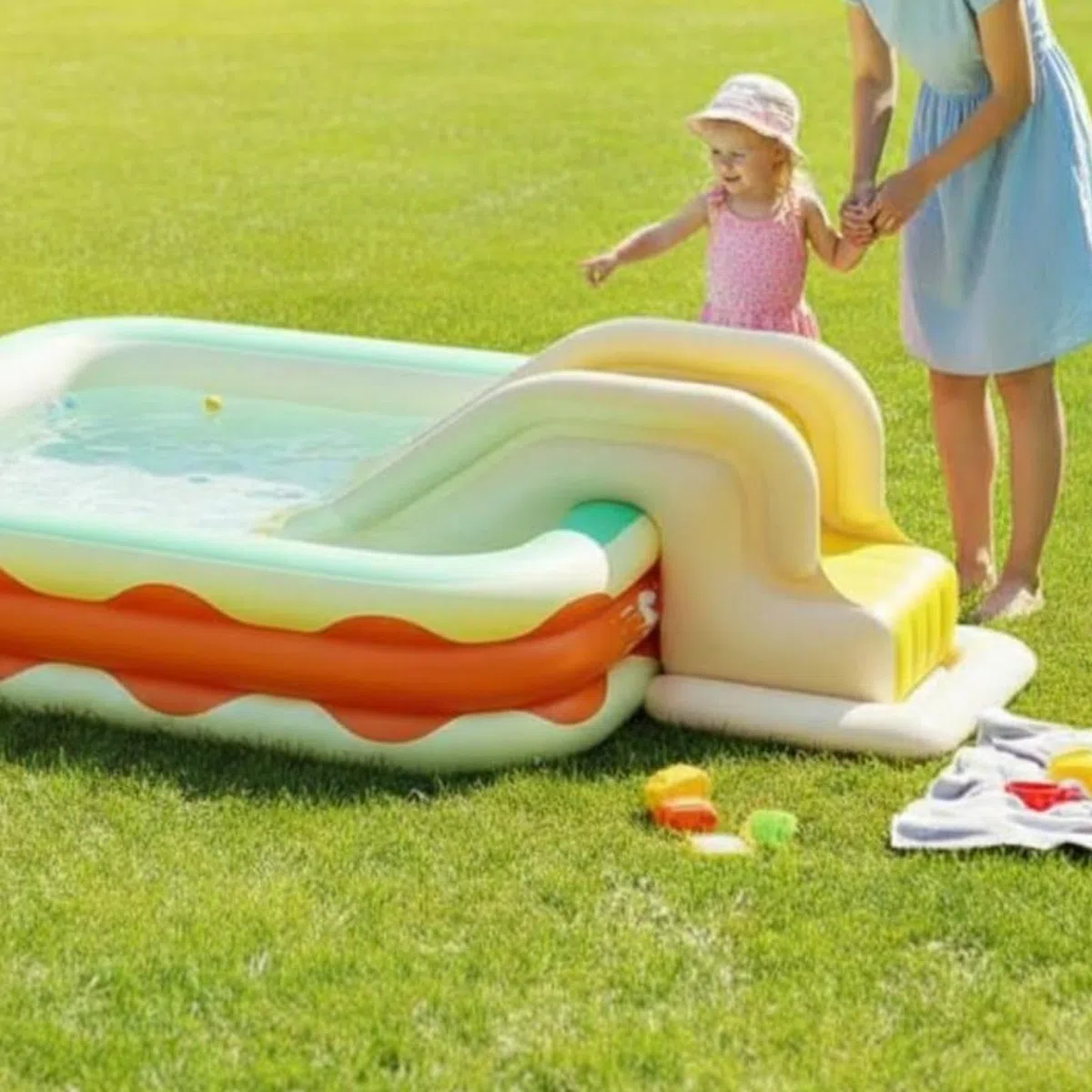 Toboggan gonflable pour piscine, jouet de piscine pour enfants, pratique et performant, facile à installer dans le jardin ou à l'intérieur.