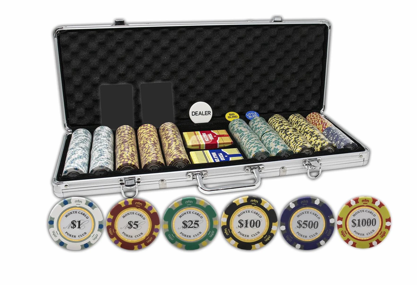 DA Vinci Monte Carlo Poker Club Lot de 500 jetons de 14 g et 3 Tons avec étui en Aluminium amélioré, 2 Jeux de Cartes en Plastique, 2 Cartes coupées, Boutons Dealer et aveugles