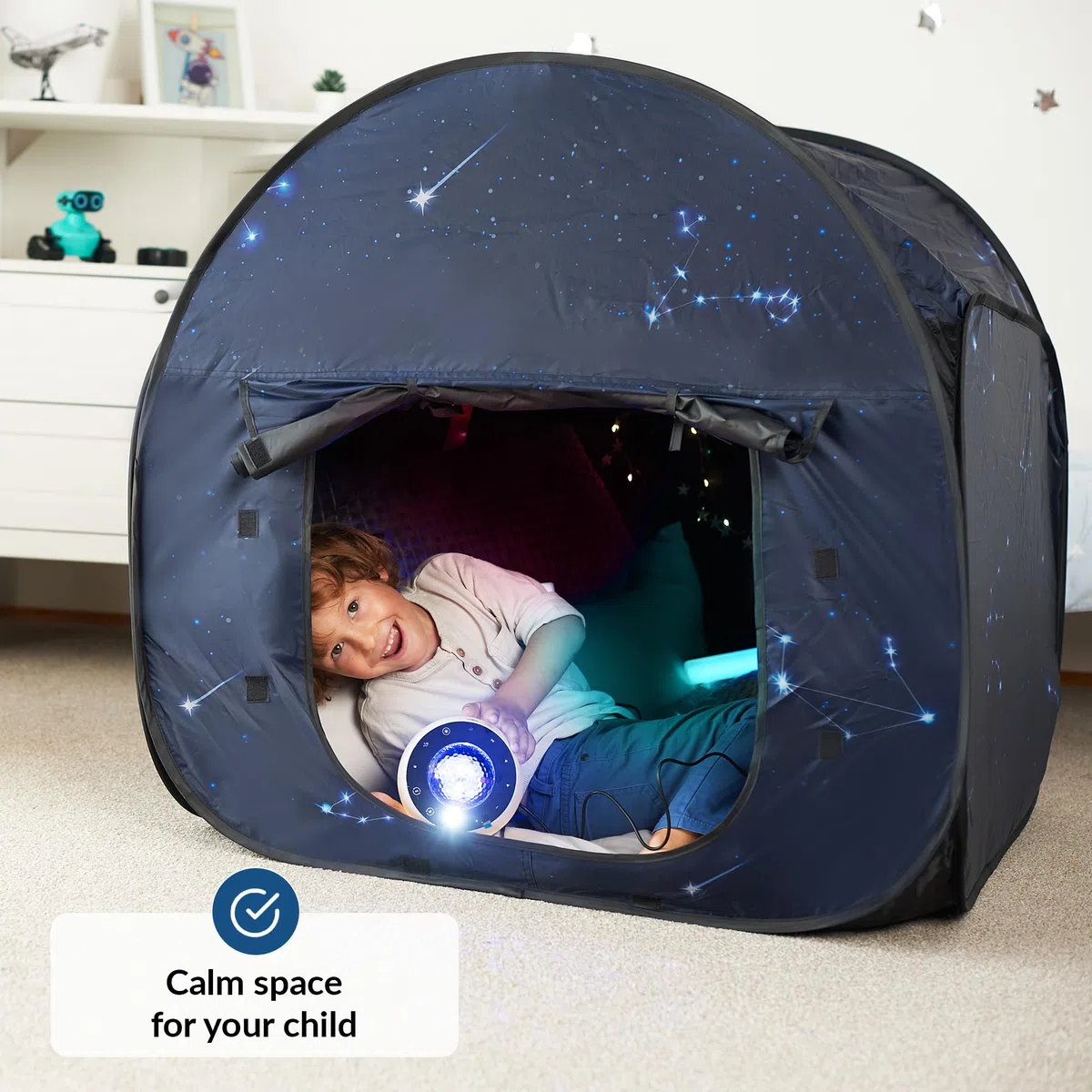 Tente Sensorielle | Coin Calme Enfants Jeux Et Détente | Thème Etoiles - Aide avec Autisme, TIS, Anxiété| Tente Sensorielle Occultante pour Enfants Autistes - Petite | Sensory Tent Star (90cm)