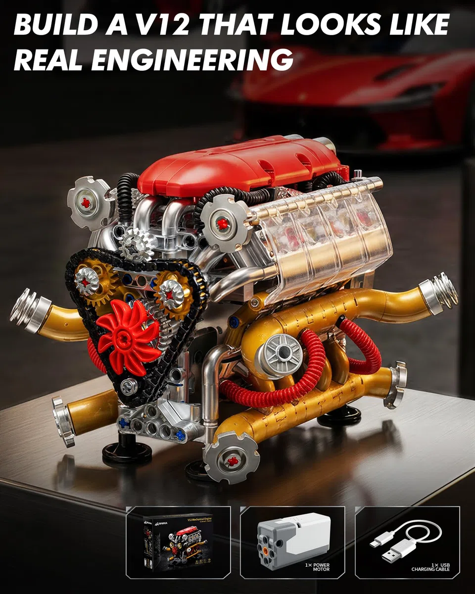 JSINMA V12 Kit de construction mécanique motorisé pour adultes avec pistons mobiles visibles, couvercle latéral transparent, cadeau pour les amateurs de voitures, 620 pièces