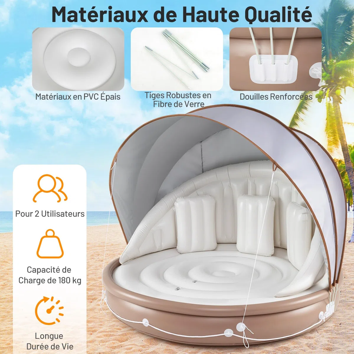 GOPLUS Lit Flottant Gonflable 2-3 Personnes avec Auvent,Ile Gonflable Flottuer Geant pour Piscine,Plage,Terrasse,Charge Max 180 KG,186X186 X 155 CM sans Souffleur