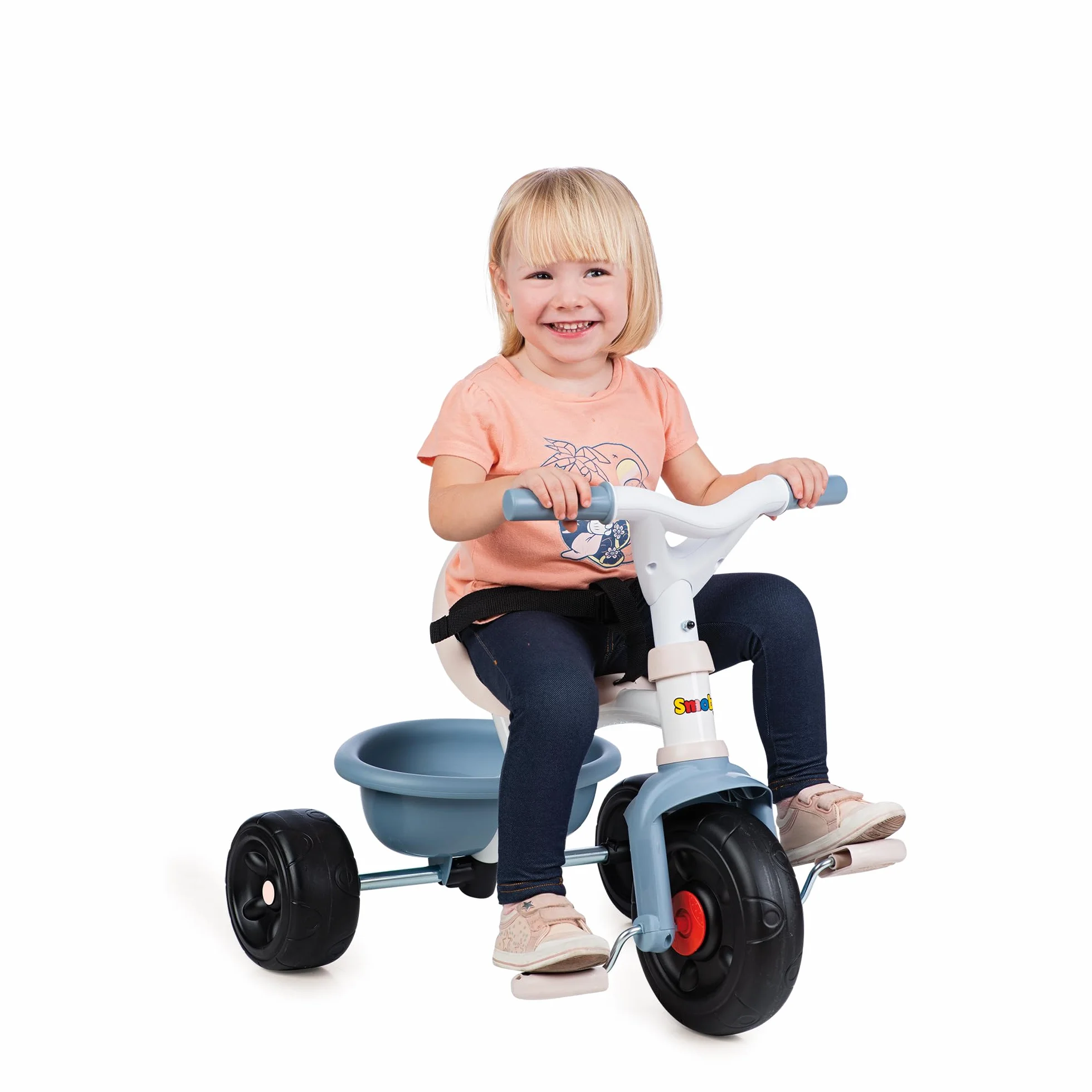 Smoby - Tricycle Be Fun Bleu - Canne Parentale Réglable Jusqu'à 95 cms et Amovible - Ceinture de Sécurité - A Partir de 15 Mois - Fabrication Espagnole