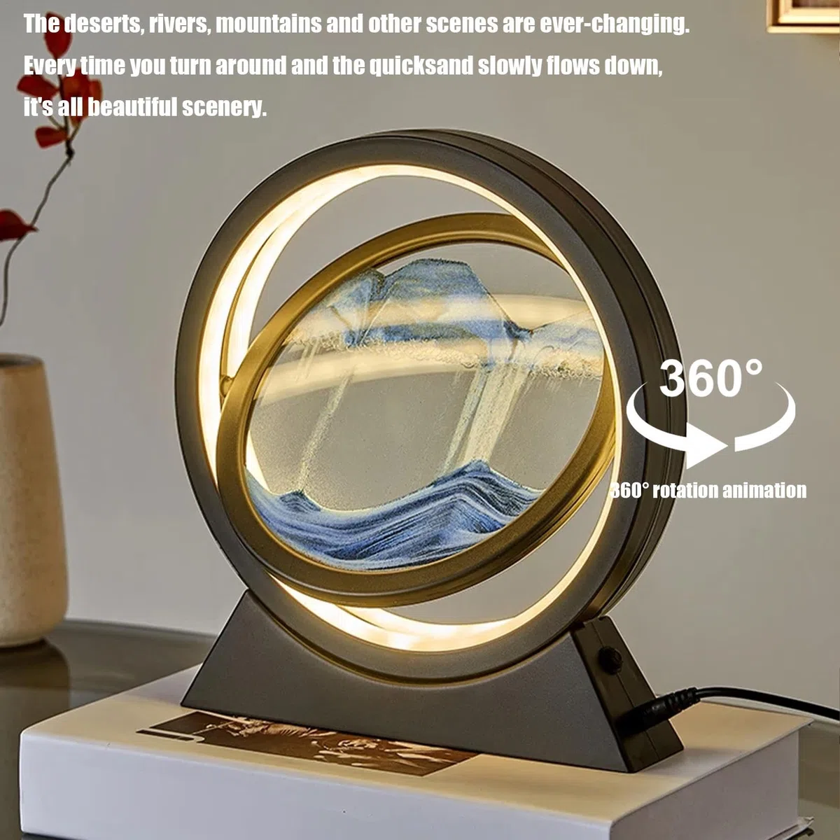 Youding Tableau d'art de sable en mouvement rond en verre paysage de sable
