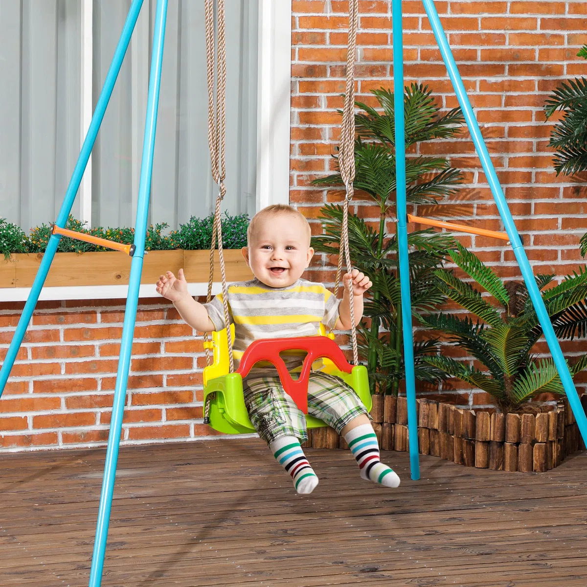 Outsunny Balançoire siège 3 en 1 évolutif pour Enfant avec Dossier et Barre en T Amovibles - de 9 à 36 Mois - intérieur extérieur - Hauteur Ajustable Vert