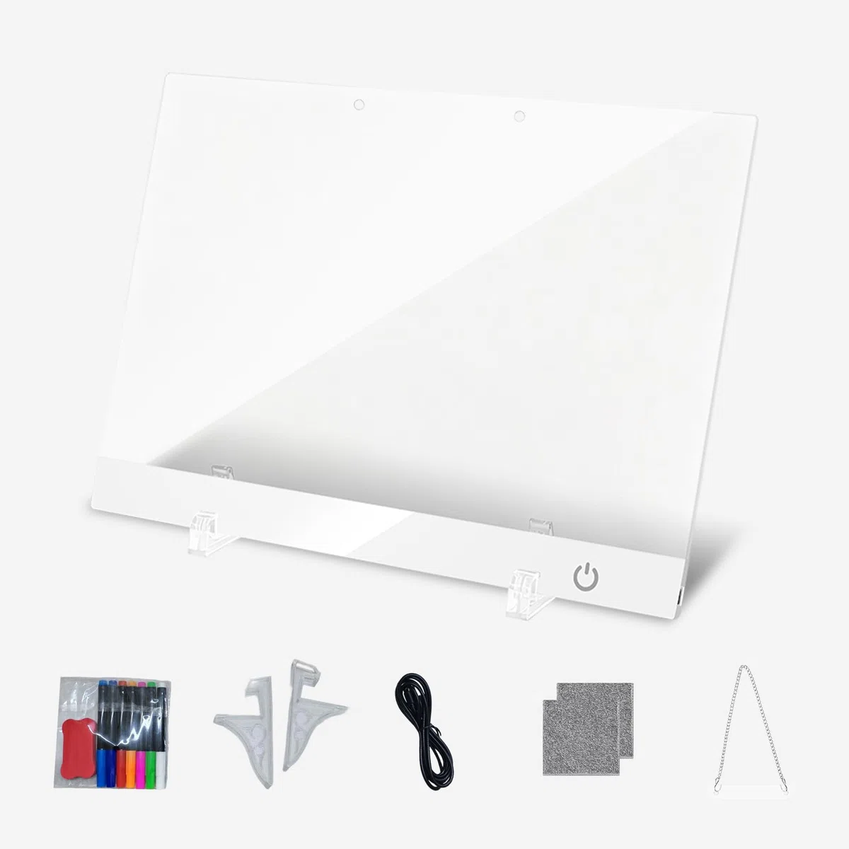 LE-D - Tableau à dessin LED - Rechargeable - 35 x 25 cm - Avec 10 modes d'éclairage - À suspendre - Avec chaîne de suspension et support - 7 couleurs - Cadeau - Blanc