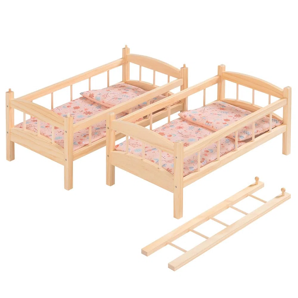 howa Miniflowers 2460 Lit superposé en bois pour poupée avec 2 literie, convient pour poupées jusqu'à 50 cm, avec échelle, divisible en 2 lits de poupée