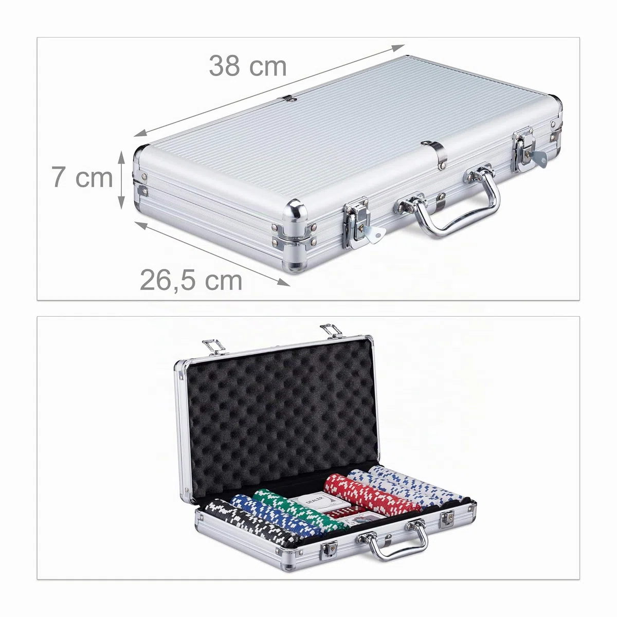 Relaxdays Coffret de poker, 300 jetons laser, 2 paquets de cartes, 5 dés, bouton de dealer, coffre en aluminium, argenté