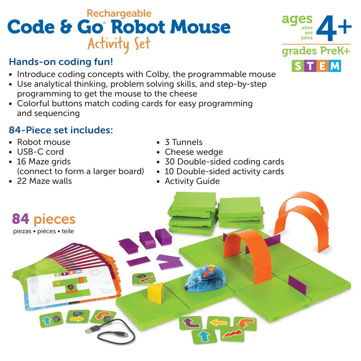 Learning Resources Souris Robot Rechargeable Code & Go – Jeu de Codage Éducatif STEM – 55 Pièces – Dès 4 Ans – Labyrinthe + Cartes de Programmation