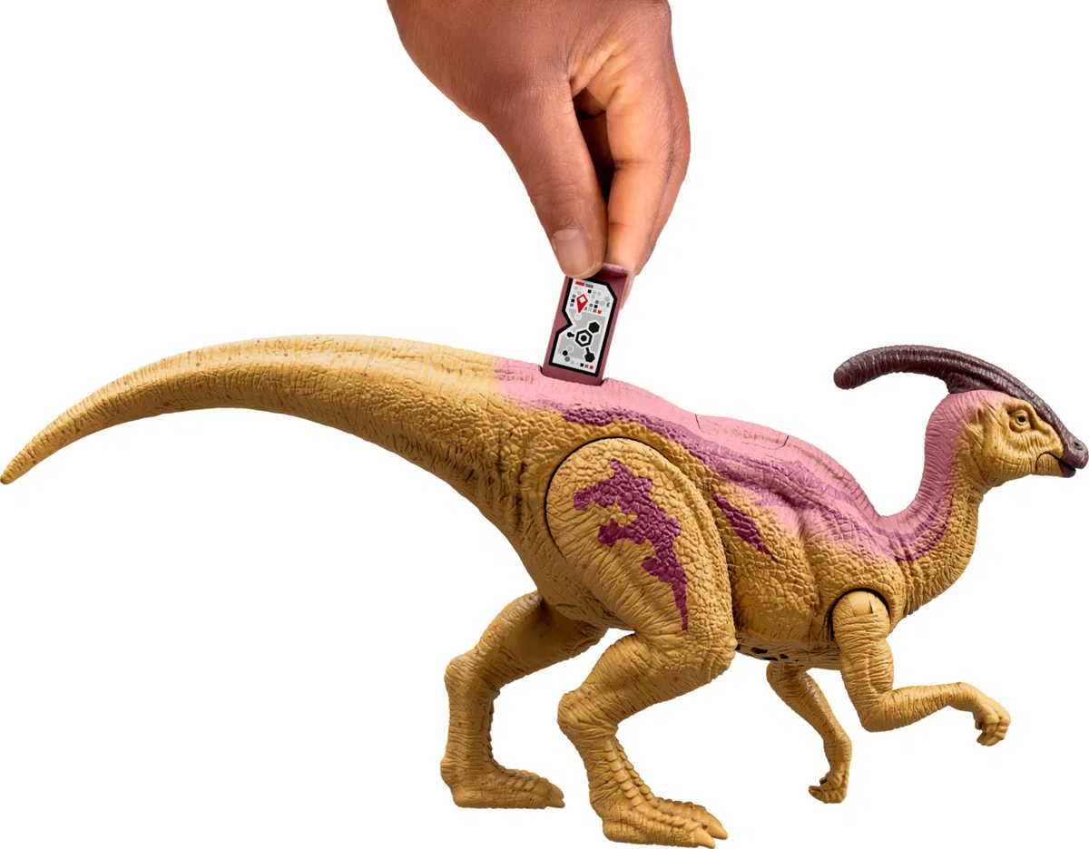 Mattel Jurassic World: La théorie du chaos Netflix - Parasaurolophus Rugissement Féroce Figurine de dinosaure avec colonne vertébrale effet bioluminescent et son, jouet articulé, HTK75