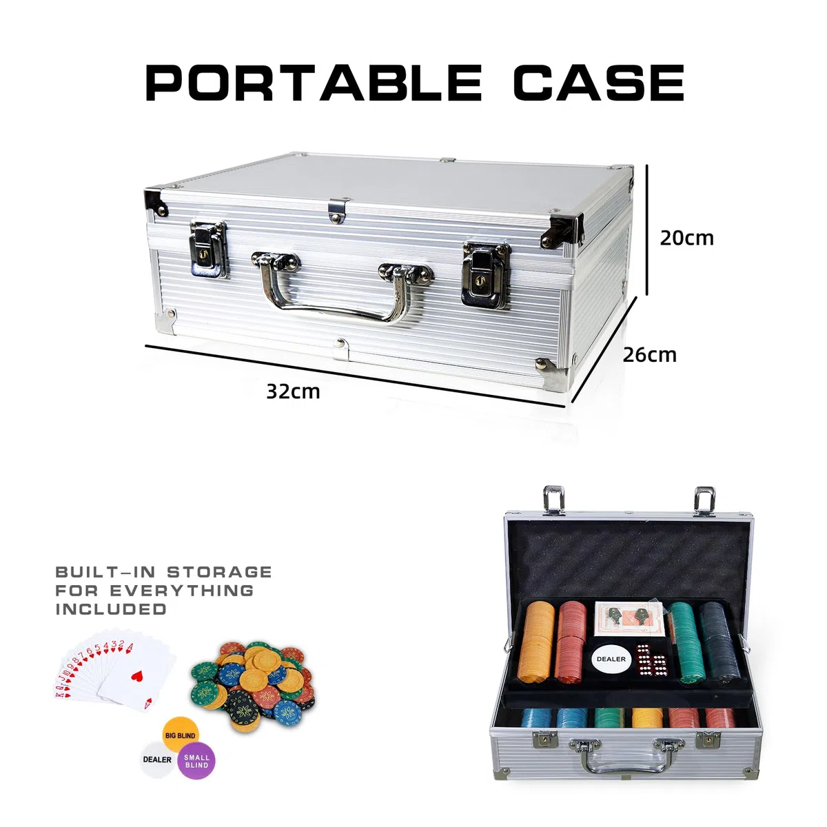 Jeu de Jetons de Poker, 300/500 Jetons de Poker de Casino avec Boîtier en Aluminium, Cartes à Jouer, 5 dés, 3 Dealer