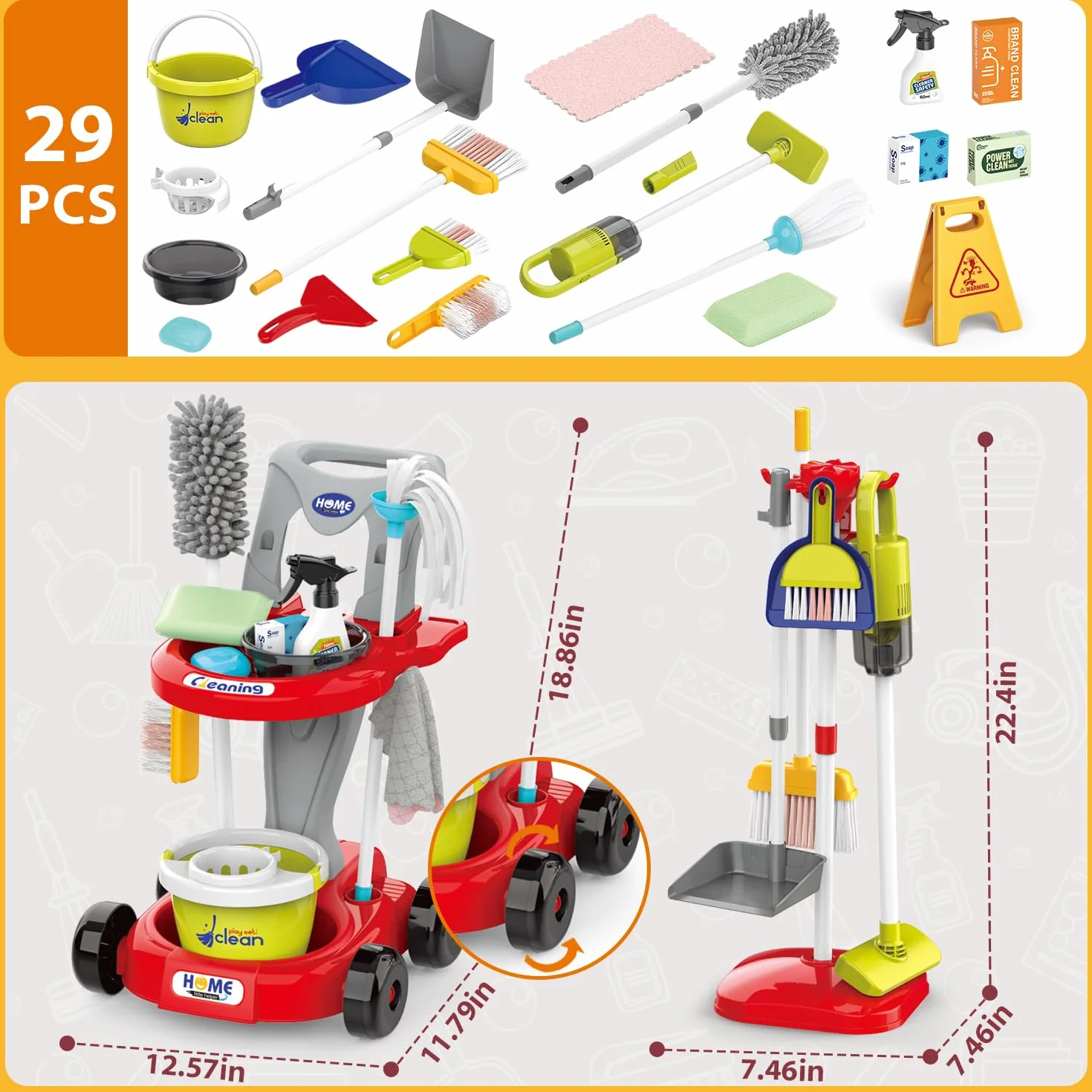Trousse de Nettoyage pour Enfants, Chariot Menage Enfant, Aspirateur Enfant Jouet, pour Les Tout Petits avec Balai Vadrouille Plumeau Pelle Brosses Chiffon,Jouets De Nettoyage Cadeau (Rouge)