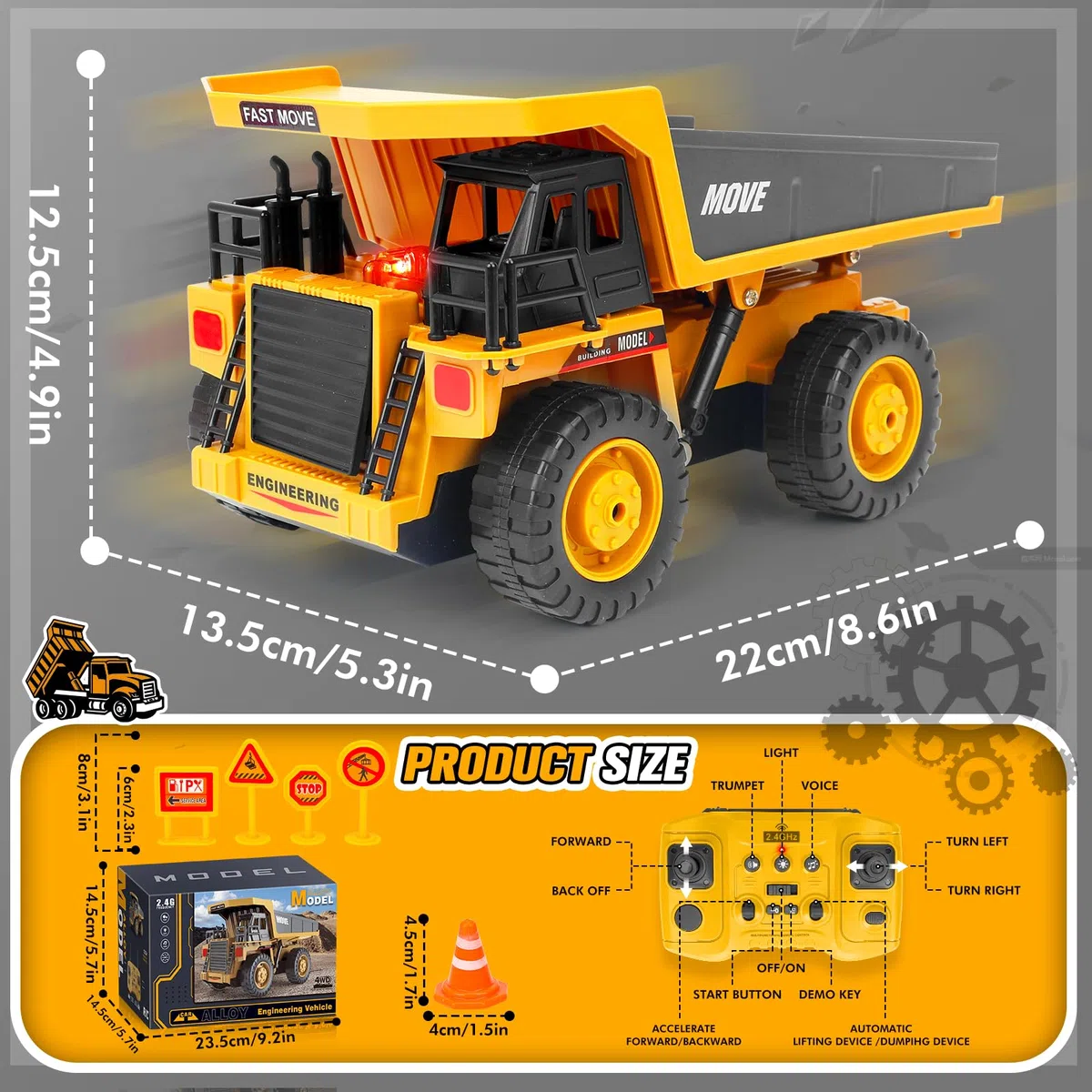 Camion-Benne Télécommandé avec 2 Batteries Chantier RC avec Benne Métallique, Lumières et Sons, Cadeau pour Enfants Garçons Filles de 3 4 5 6 7 8 Ans pour Intérieur et Extérieur