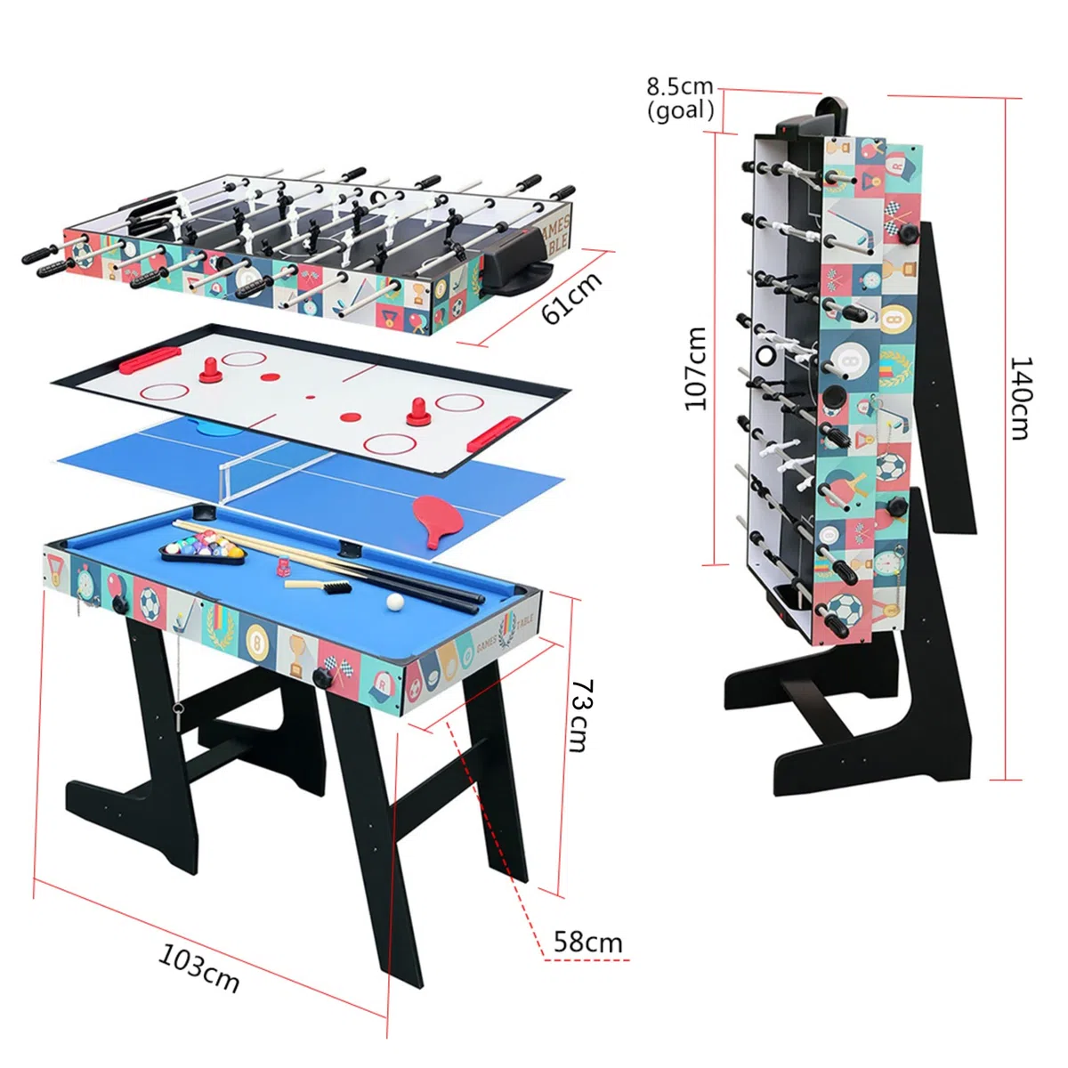 hj Table Pliable Multi Jeux 4 en 1 Pliante 121cm-Billard/Babyfoot/Hockey/Tennis de Table
