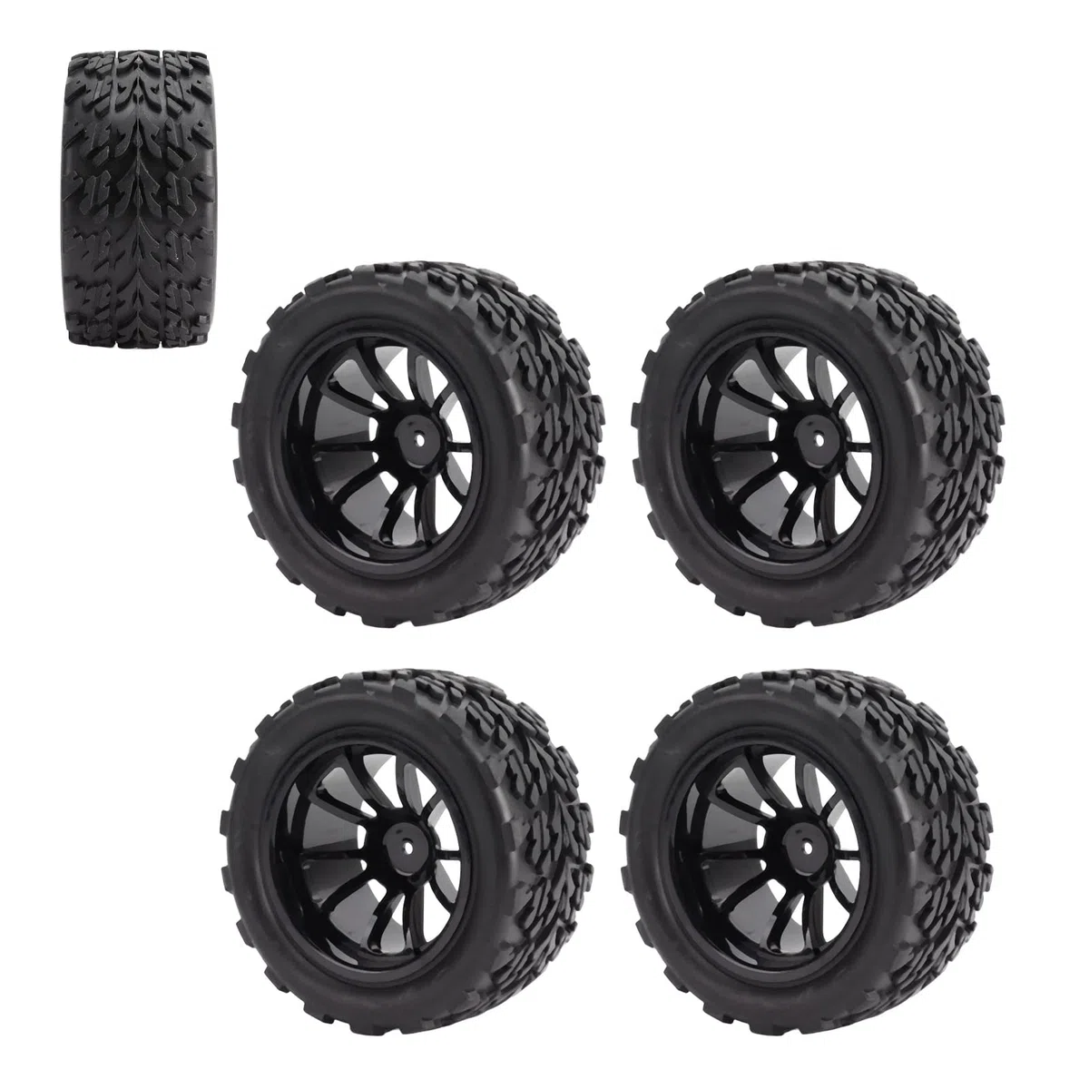 Socobeta Roues et Pneus RC 1/10, 4 Pièces RC Pneus de Voiture en Caoutchouc Noir RC Pneus et Roues Ensemble de Jantes Compatibles avec TRAXXAS Slash RC Short Course Truck 1/10
