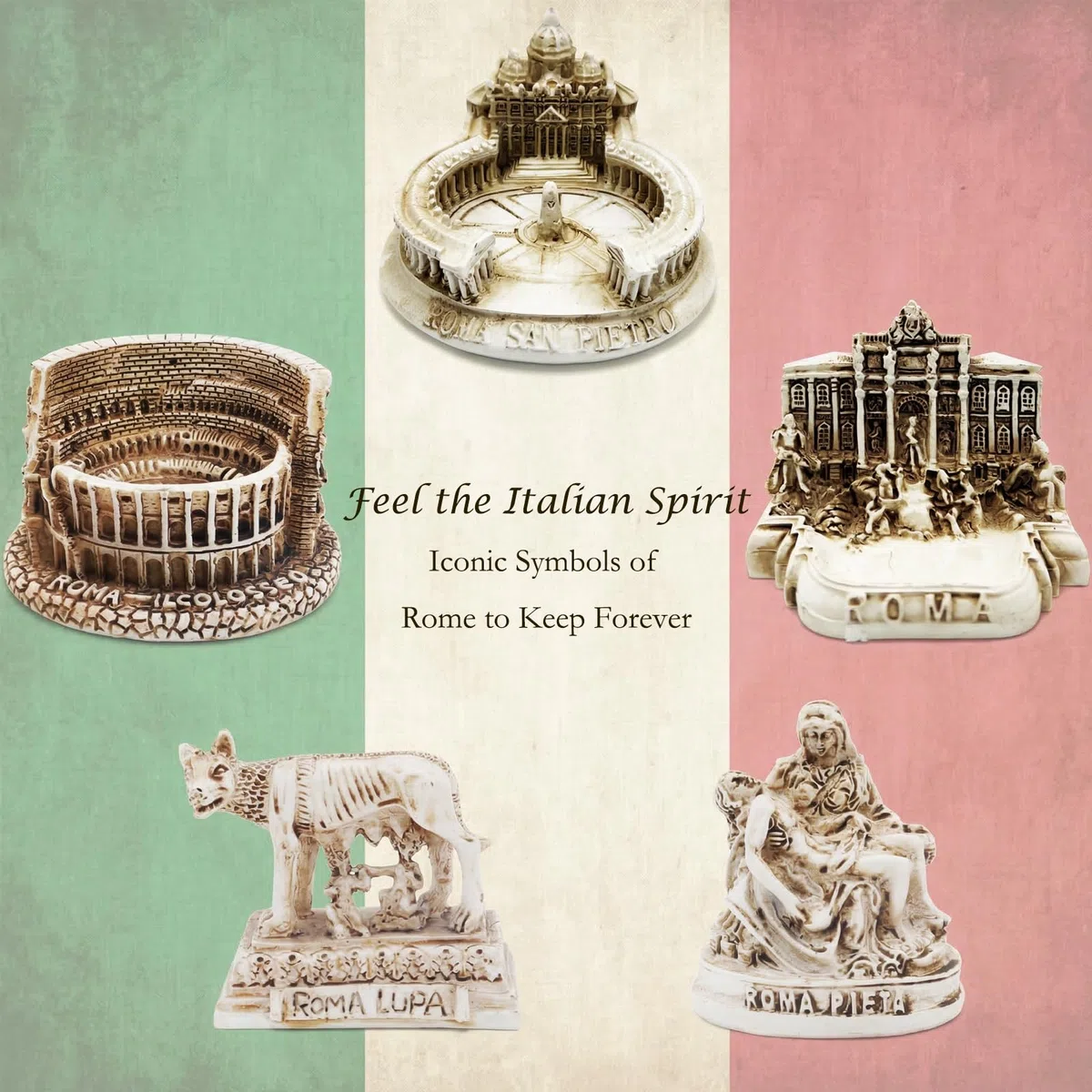 Lot de 5 petites statues italiennes décoratives de Rome - Petites statues - Colisée - Architecture du loup - Basilique Saint-Pierre - Fontaine de Trevi - Objets de collection romains - Cadeaux de