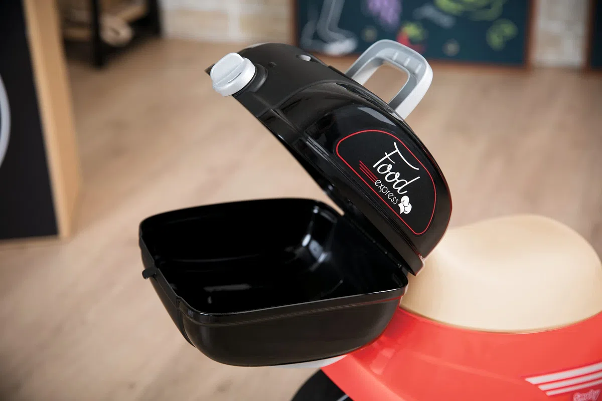 Smoby - Porteur Scooter Food Express - Rouge - Roues Silencieuses - Porte-Bagage - Mallette Amovible - Coffre à Jouets, Phare, Clé Mécanique - Dès 18 Mois