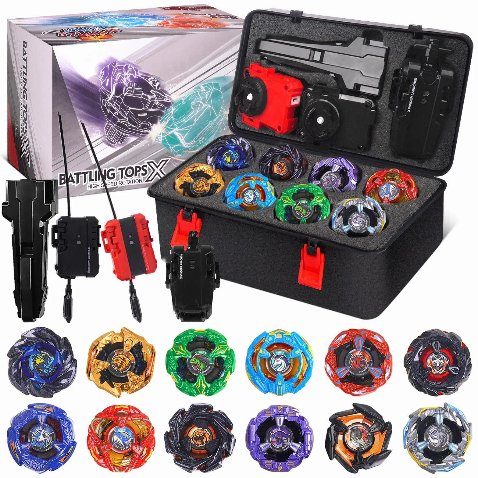 Set X Toupies de Combat, 12 Jouets tournants avec 3 lanceurs, 1 poignée et boîte de Rangement Portable | Cadeau Jeu d'arène gyroscopique pour garçons et Filles dès 6 Ans