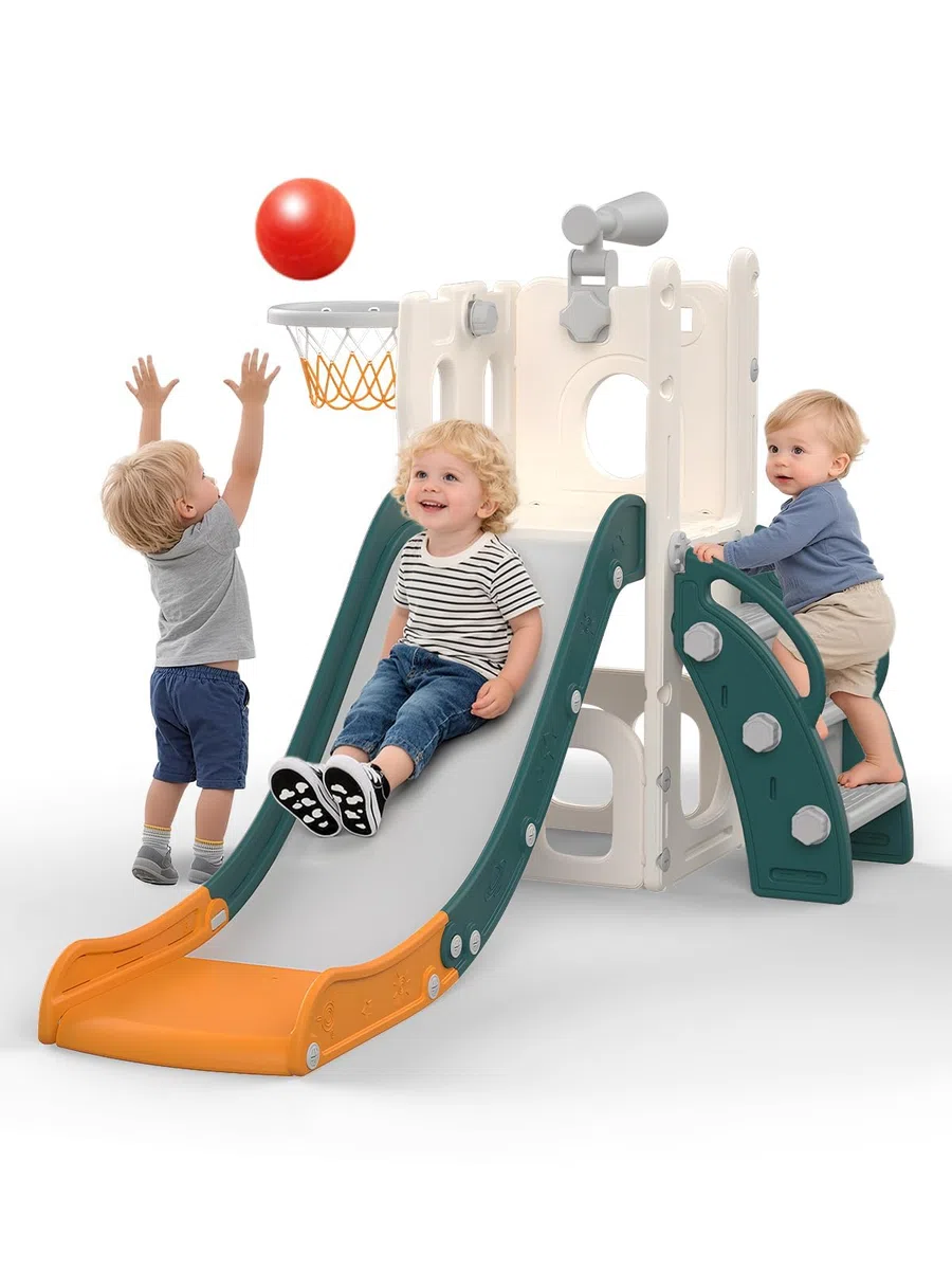 Toboggan pour Enfants avec Panier de Basket, Ballon & Télescope Jouet, Aire de Jeu Intérieure et Extérieure pour Tout-Petits et Préscolaires(Vert)