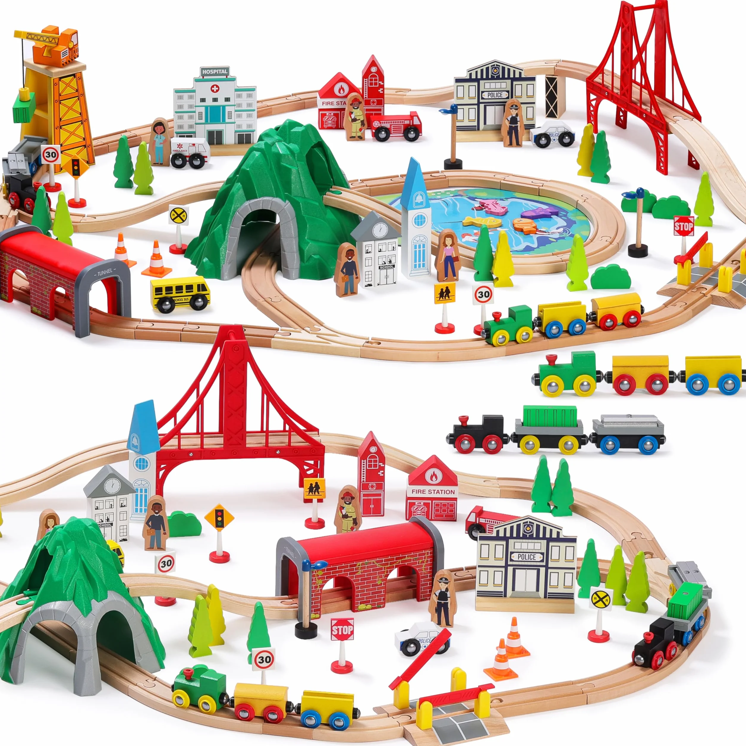 SainSmart Jr. Circuit Train en Bois 112 Pièces, Compatible Brio et Thomas