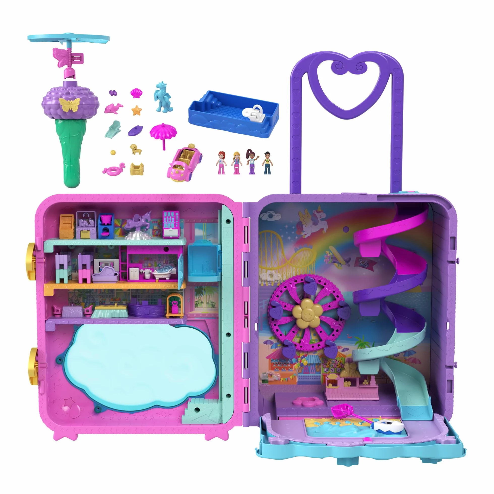 Polly Pocket Coffret Valise Pollyville, Jeu Valise Touristique avec 5 Zones De Jeu, Comprend 4 Figurines Et 1 Véhicule Pocket, Plus 25 Accessoires Inclus, Jouet pour Enfant de 4 Ans et Plus, HKV43