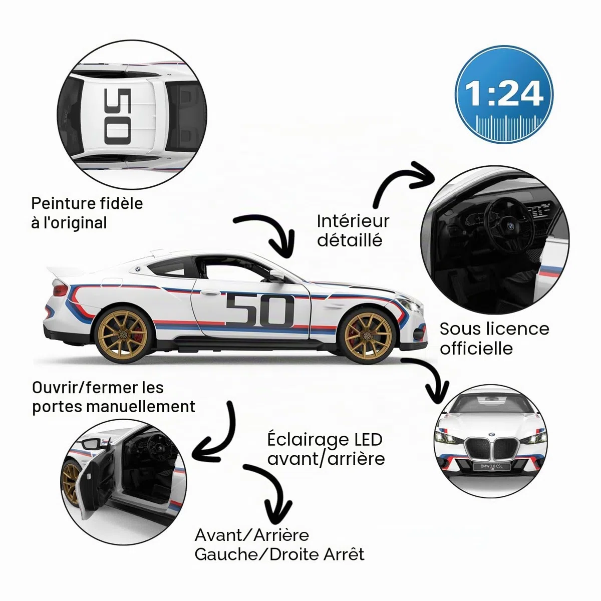 JAMARA BMW 3.0 CSL 1:14 Porte Manuelle Blanche 2,4 GHz – Licence Officielle, intérieur détaillé, Peinture fidèle à l'original, Pare-Brise Transparent, lumière LED, Voiture RC