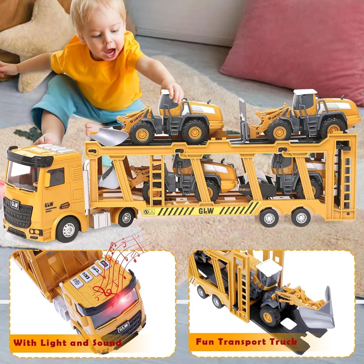 Véhicule Chantier Jouet Enfant avec Camion de Construction, Grue à Tour, Bulldozer, Rouleau compresseur, Chariot élévateur, Véhicules de Construction Grand Camion Cadeau Enfant Garçon 3 4 5 6 7 ans